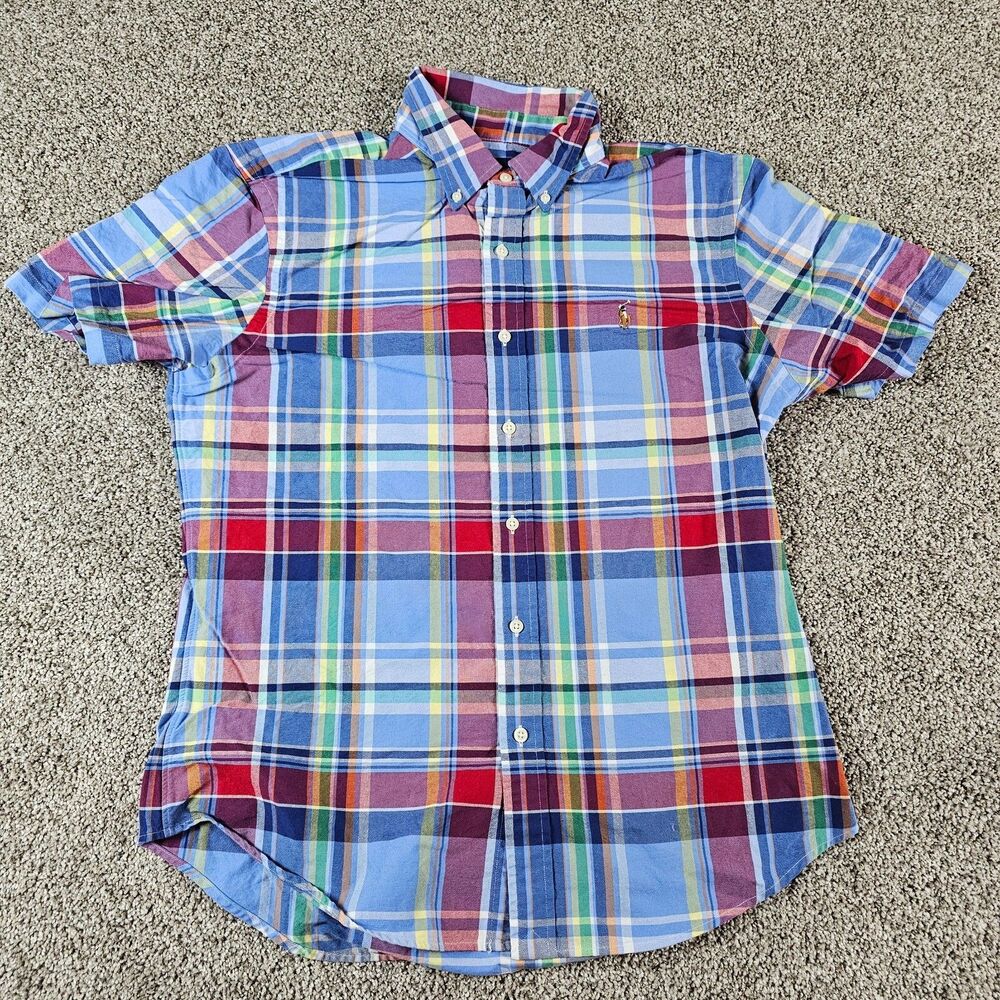 Ralph Lauren Shirt Mens Large Blue Madras Slim Fit Flesh Pony Short Sleeve
